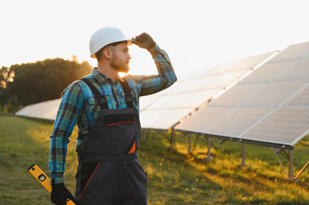 Technician shading eyes while looking at solar panels in a green field, focusing on renewable energy...
