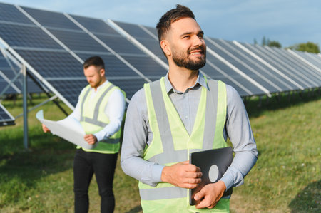 Two male engineers in safety vests inspecting solar panels at a photovoltaic power station,...
