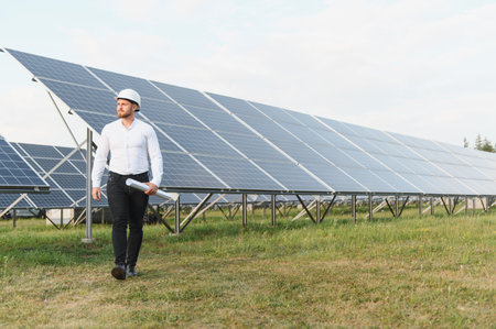 Engineer wearing a hard hat walking on a solar power station, reviewing plans for sustainable...