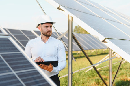 Young engineer in a hard hat holding a tablet, checking photovoltaic panels generating clean...
