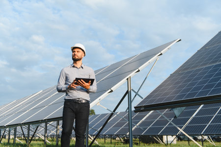 Engineer wearing hard hat holding tablet, standing among rows of solar panels, monitoring power...