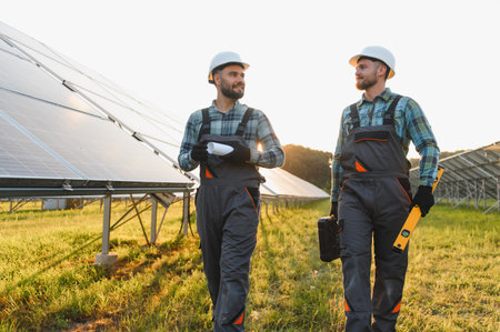 Two technicians in hard hats and overalls walk through a solar farm carrying tools and blueprints...