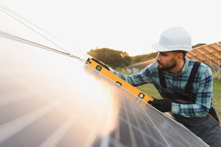 Male technician checking alignment of solar panel using a level, ensuring efficient sustainable...
