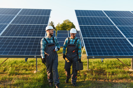 Two smiling technicians wearing hard hats and overalls walking through a solar farm, discussing...