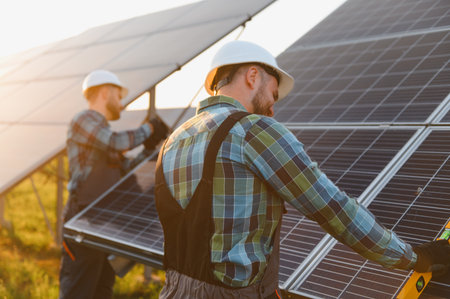 Workers in hard hats installing rooftop solar panels under bright sun, highlighting sustainable...