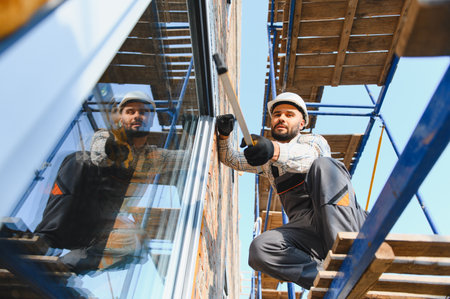 Skilled construction worker wearing a hard hat and gloves, installing a new window on a building...