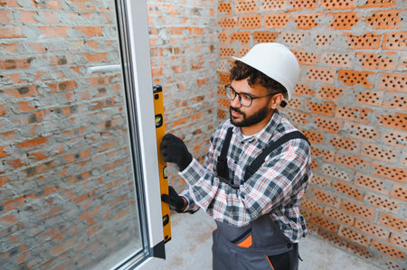 Male construction worker carefully installing a window, checking its alignment with a spirit level in a new houseの写真素材