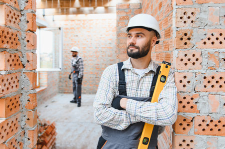 Builder in a hard hat and overalls, holding a spirit level, standing confidently at a house...