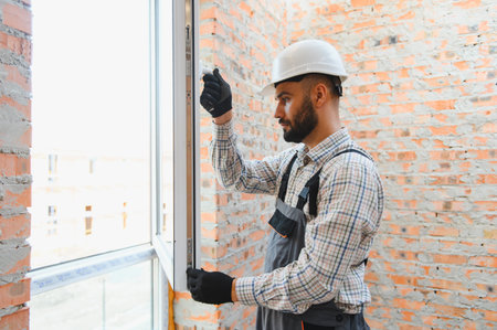 Construction worker wearing hard hat and overalls installing new window frame into brick wall...