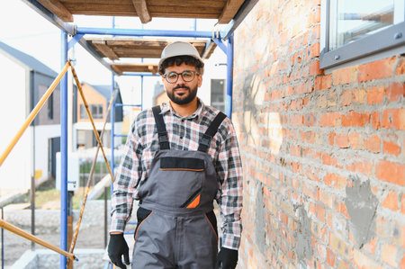 Young male builder wearing hard hat and overalls standing next to a brick wall and scaffolding on a...