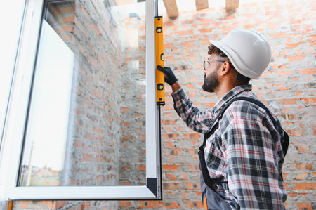 Man wearing hard hat and work clothes accurately measuring new window installation in building. Home renovation and improvementの写真素材