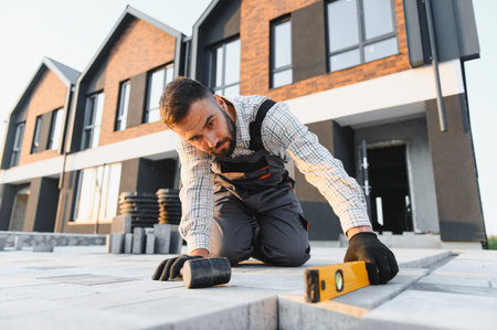 Construction worker installing paving stones outside residential building with level tool for...