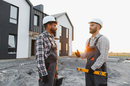 Two diverse male construction workers wearing hard hats and overalls talking on a new building site,...