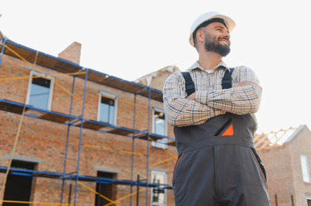 Young builder wearing hard hat and overalls, confidently smiling while looking ahead at a new house...