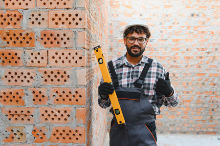 Professional construction worker wearing a hard hat and overalls, holding a spirit level, giving a...