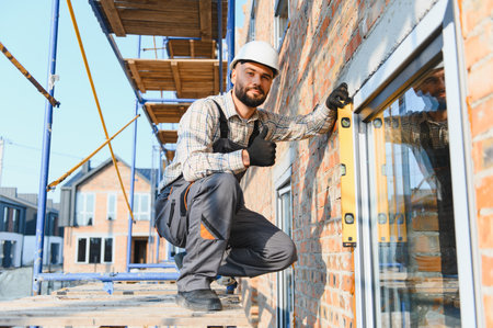 Construction worker checking window level with spirit level, giving thumbs up on scaffolding at a...