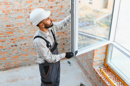 Builder in uniform and hard hat installing a modern aluminum window frame, working on house...