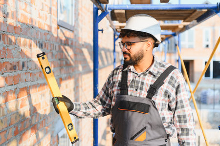 Construction worker wearing hard hat and safety glasses checking level of a brick wall on a building...