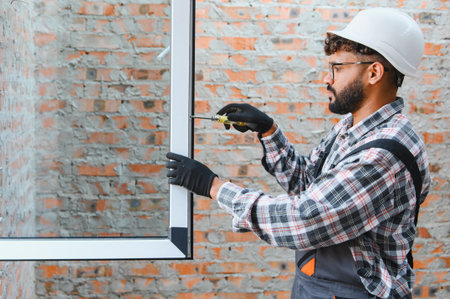 Worker in hard hat and gloves fixing a new pvc window frame with a screwdriver during home renovationの写真素材