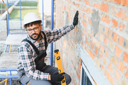 Skilled worker wearing hard hat and overalls, inspecting a new brick wall on scaffolding with a...