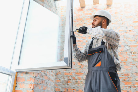 Professional construction worker fitting and adjusting a pvc window frame in a building under...