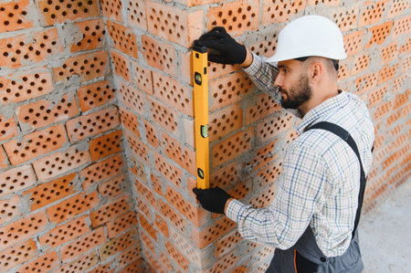 Construction worker checking brick wall with a spirit level, ensuring precision and quality in...