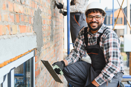 Happy builder wearing hardhat and uniform applying plaster on a brick house wall, improving home exteriorの写真素材