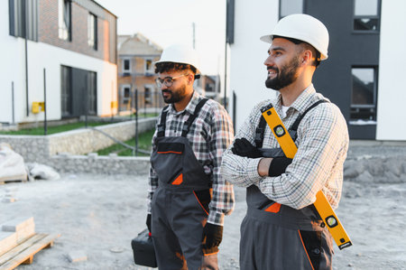Two construction workers with hard hats and overalls standing together at a residential building site, showing teamwork and professionalismの写真素材