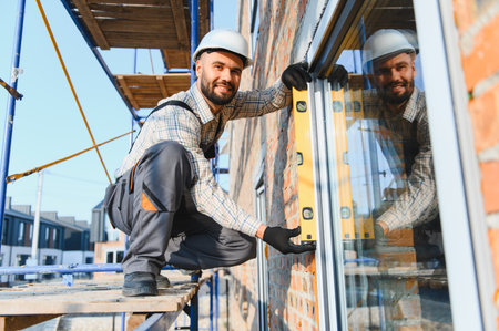 Professional worker in helmet and gloves installing a new window frame on a brick building, checking...