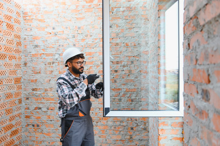 Construction worker in hard hat and overalls installing a new window frame into an unfinished brick wall opening. Focus on building and renovationの写真素材