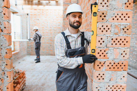 Construction worker checking vertical alignment of a brick wall with a spirit level, ensuring...