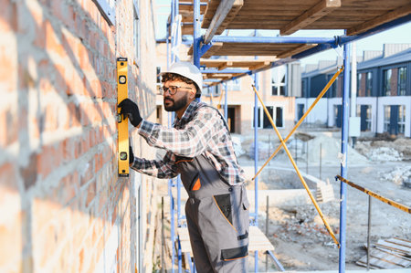 Construction worker in hard hat and uniform precisely measuring a brick wall's level on scaffolding...