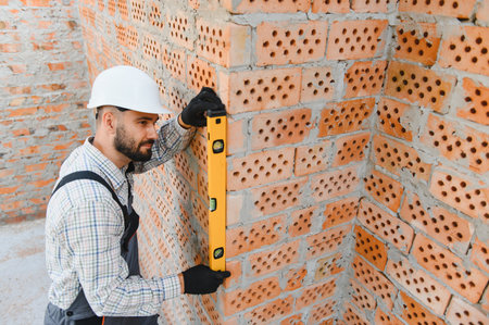 Construction worker in hard hat and workwear checking the vertical alignment of a new brick wall...