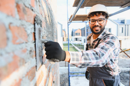 Construction worker in hard hat and overalls plastering brick wall on new building site, smiling at...