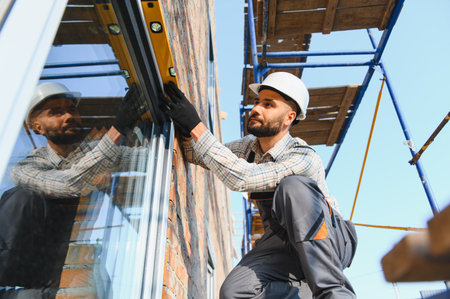 Construction worker checking level of new window, ensuring proper installation during home building...