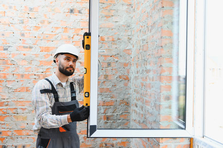 Construction worker in hard hat checking window frame level against brick wall, ensuring precise home installationの写真素材