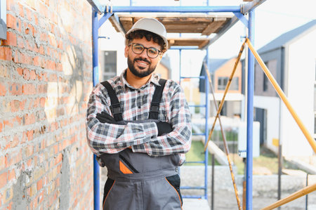 Smiling young construction worker standing with crossed arms on scaffolding with a brick wall and...