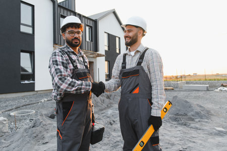 Two construction workers in hard hats and overalls shaking hands at a new house building site,...