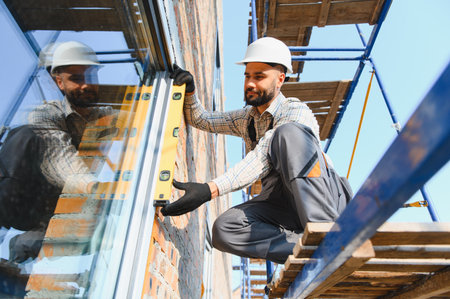 Construction worker checking window frame plumb using a spirit level while working on scaffolding. Building new home or renovation projectの写真素材