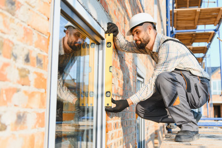 Builder installing a new window frame, ensuring precise alignment and quality on a construction projectの写真素材