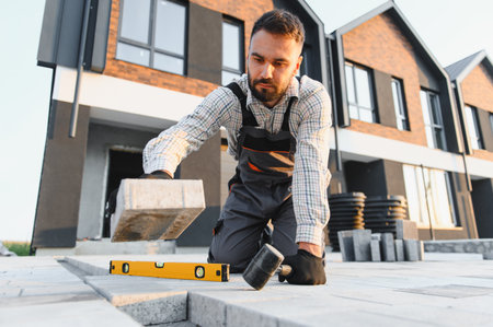 Professional worker laying paving stones and leveling them with a rubber mallet, building a new...