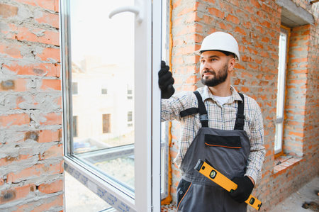 Male construction worker installing a new window frame at a building site, ensuring proper alignment...