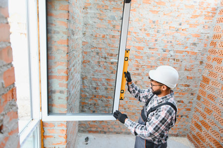 Building worker carefully installs new window, using a spirit level to ensure perfect alignment and...