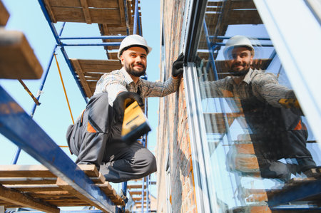 Skilled construction worker in safety helmet and uniform checking level while installing a new...