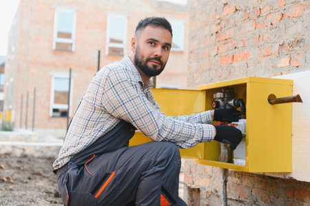 Gas technician in work uniform installing a gas meter in a yellow box on a brick wall, ensuring safety and supplyの写真素材