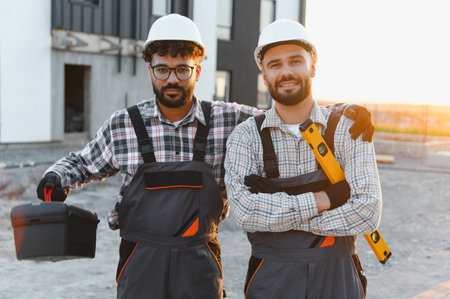 Two smiling men in hard hats and overalls standing together at a new building site, representing...