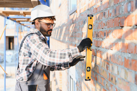 Construction worker in hard hat and overalls checking the level of a brick wall, ensuring precision...