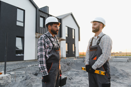 Construction workers wearing hard hats and uniforms, standing and discussing at a new residential building construction siteの写真素材