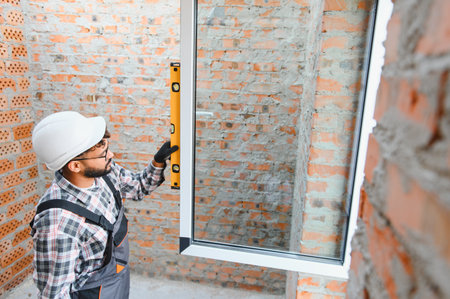 Construction worker installing a brand new window frame in a brick wall opening, checking level with...