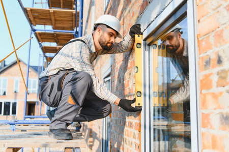 Construction worker checking level while installing a new window on a brick building during renovation work. Skilled craftsman ensuring qualityの写真素材